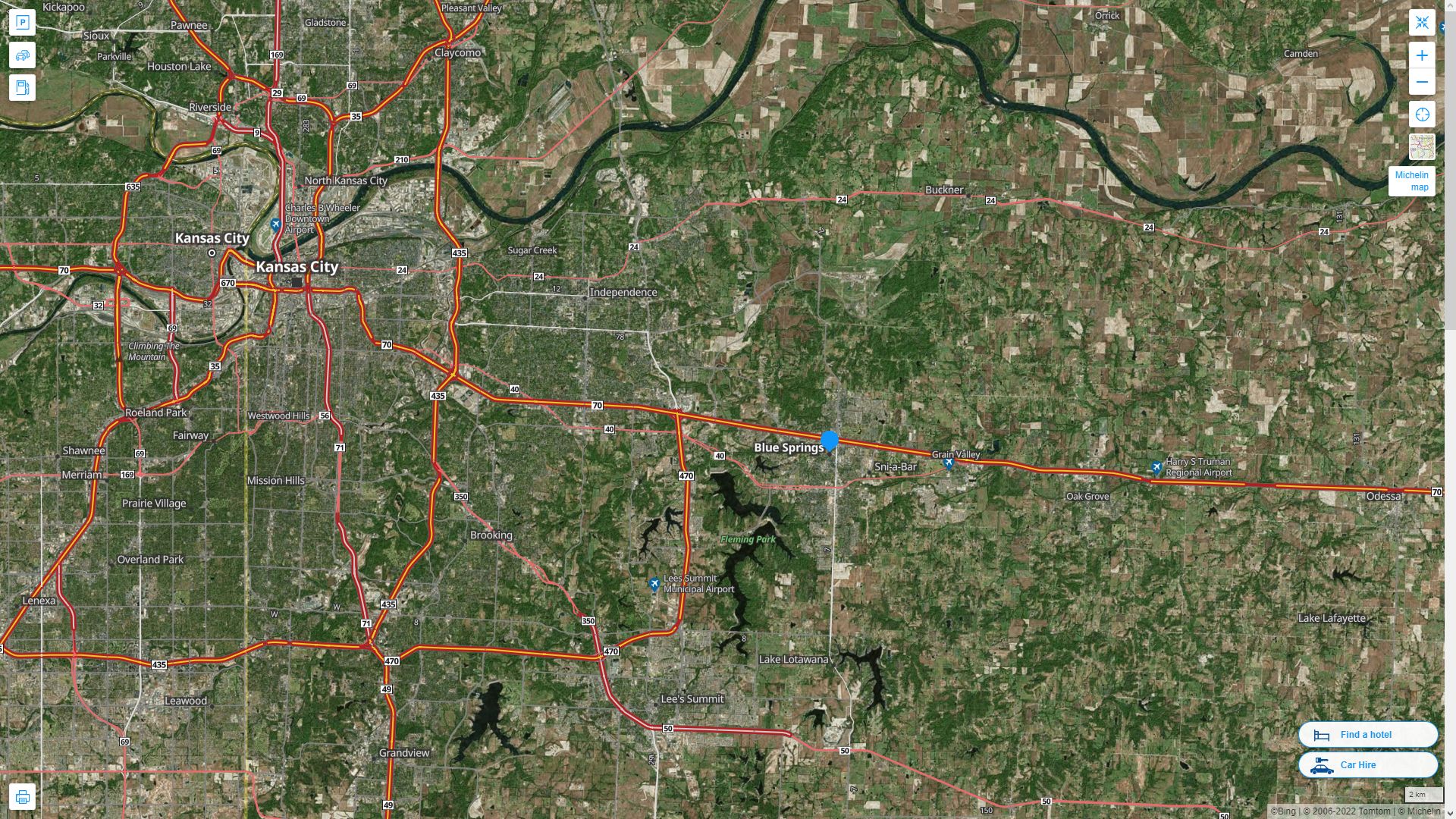 Blue Springs Missouri Highway and Road Map with Satellite View